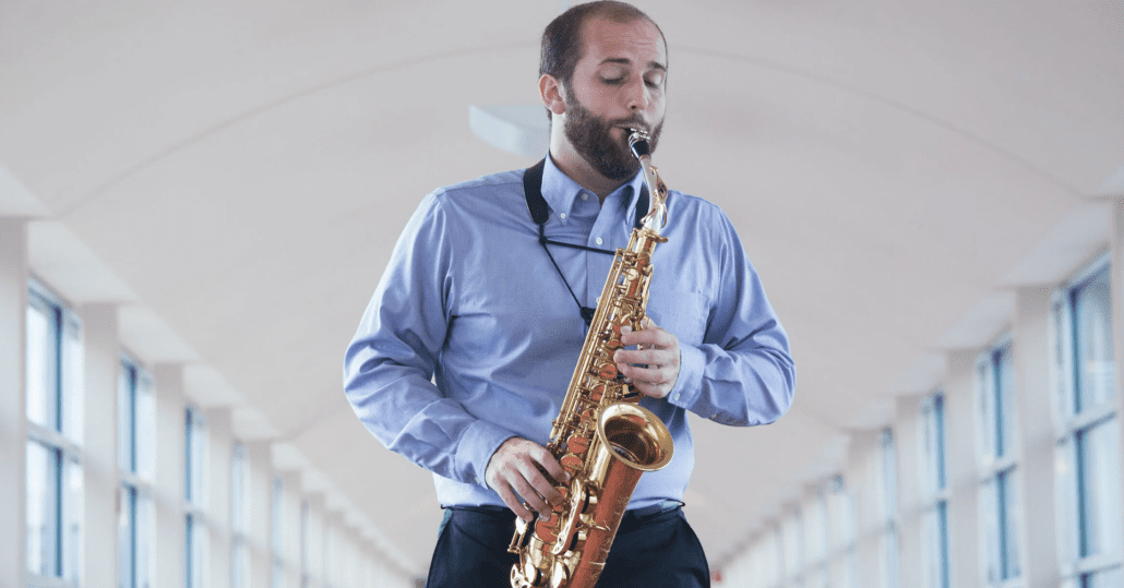 A photo of Chance Stine playing saxophone.