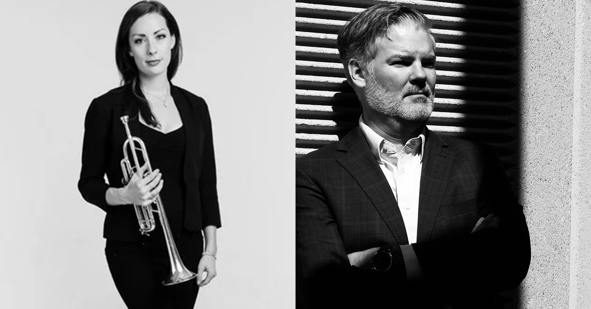 A photo of Jean Laurenz, left, holding a trumpet, and Dan Cavanagh, right. 