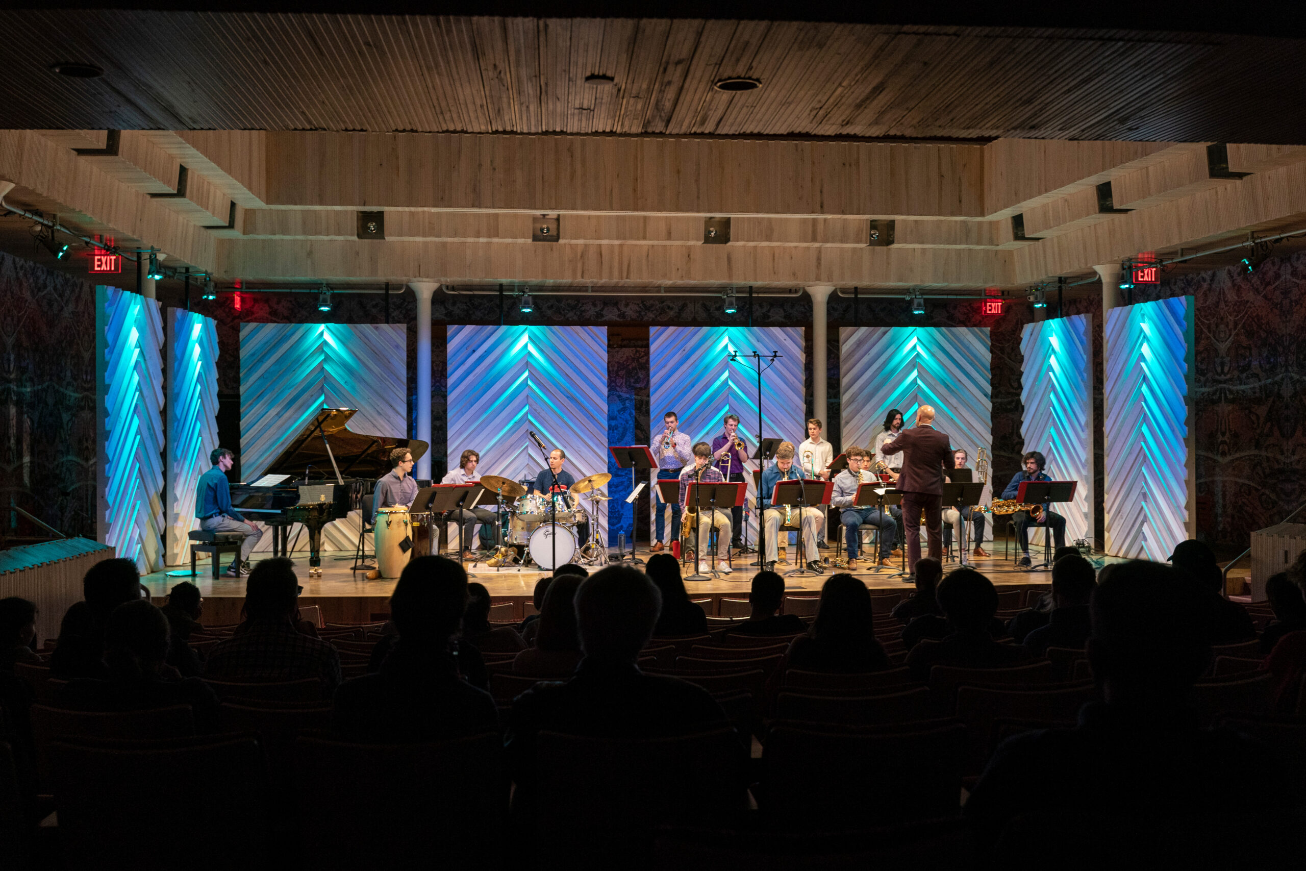 A photo of a jazz ensemble performing on stage at the Hamel Music Center.