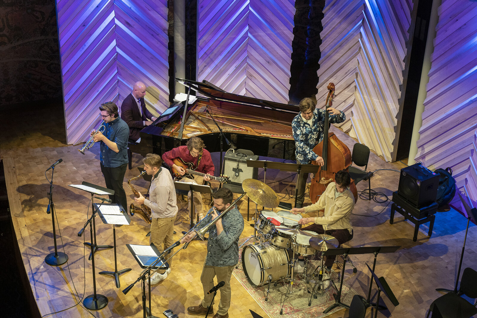 A photo of a UW jazz ensemble on stage at the Hamel Music Center.