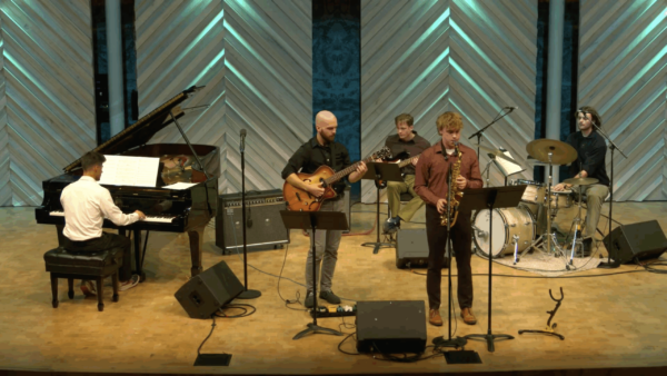 A photo of Blue Note Ensemble on stage in Collins Recital Hall at the Hamel Music Center.