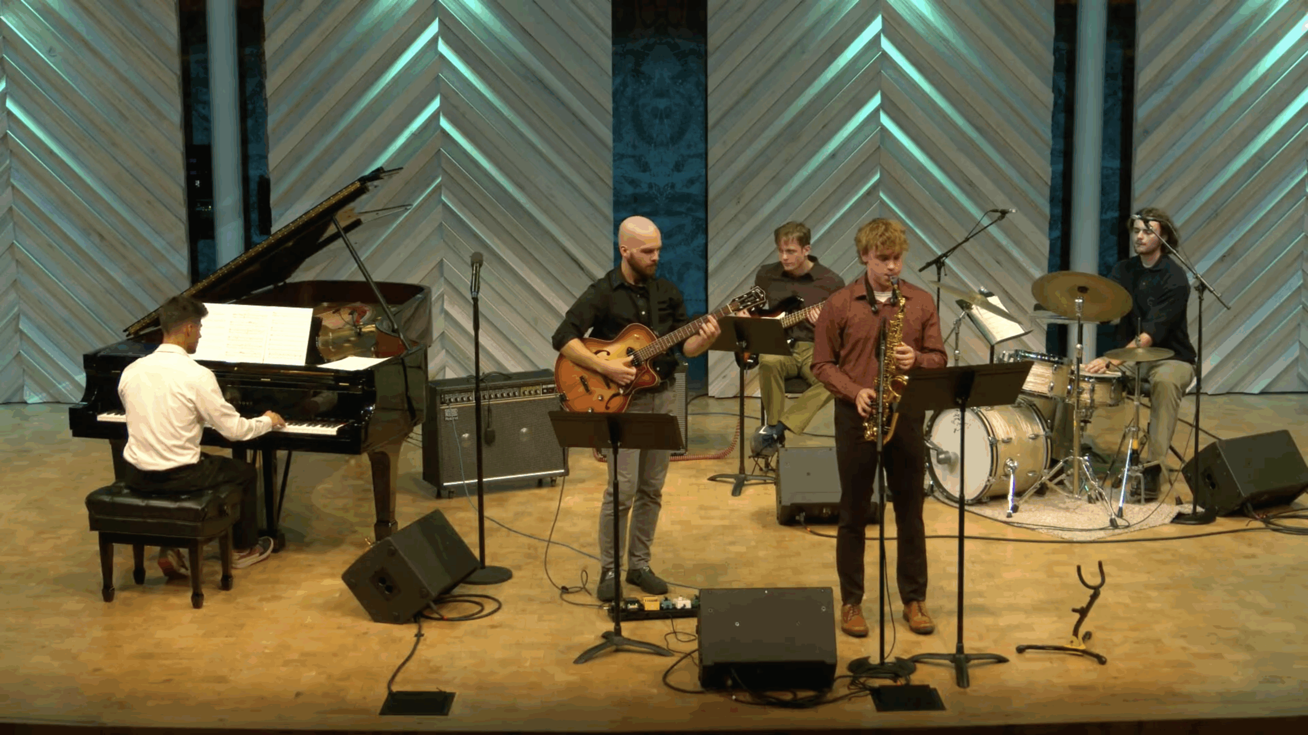 A photo of Blue Note Ensemble on stage in Collins Recital Hall at the Hamel Music Center.
