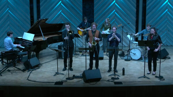 A photo of Contemporary Jazz Ensemble performing on stage in Collins Recital Hall at the Hamel Music Center.
