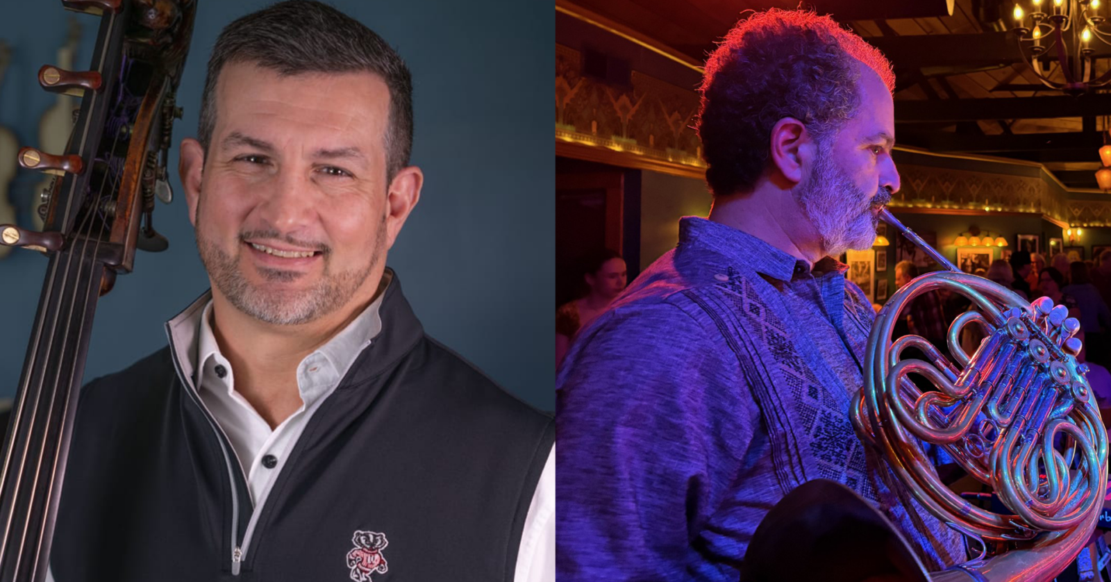 An image used for a retirement announcement of Peter Dominguez's head shot and Dan Grabois performing on stage.