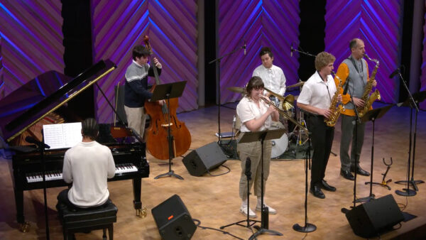 A photo of the Jazz Composers' Group performing on stage in Collins Recital Hall at the Hamel Music Center.