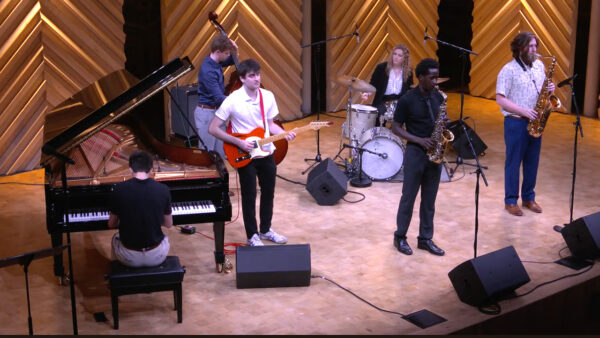 A photo of Jazz Standards Ensemble on stage in Collins Recital Hall at the Hamel Music Center.