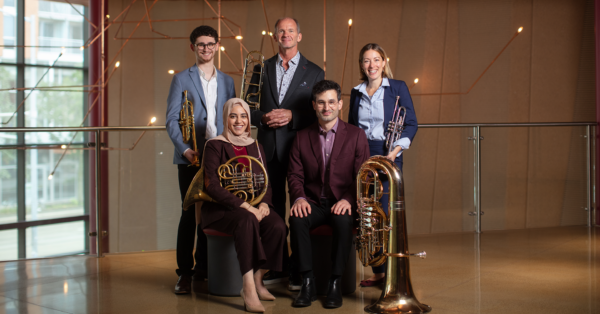 A group photo of the Wisconsin Brass Quintet.