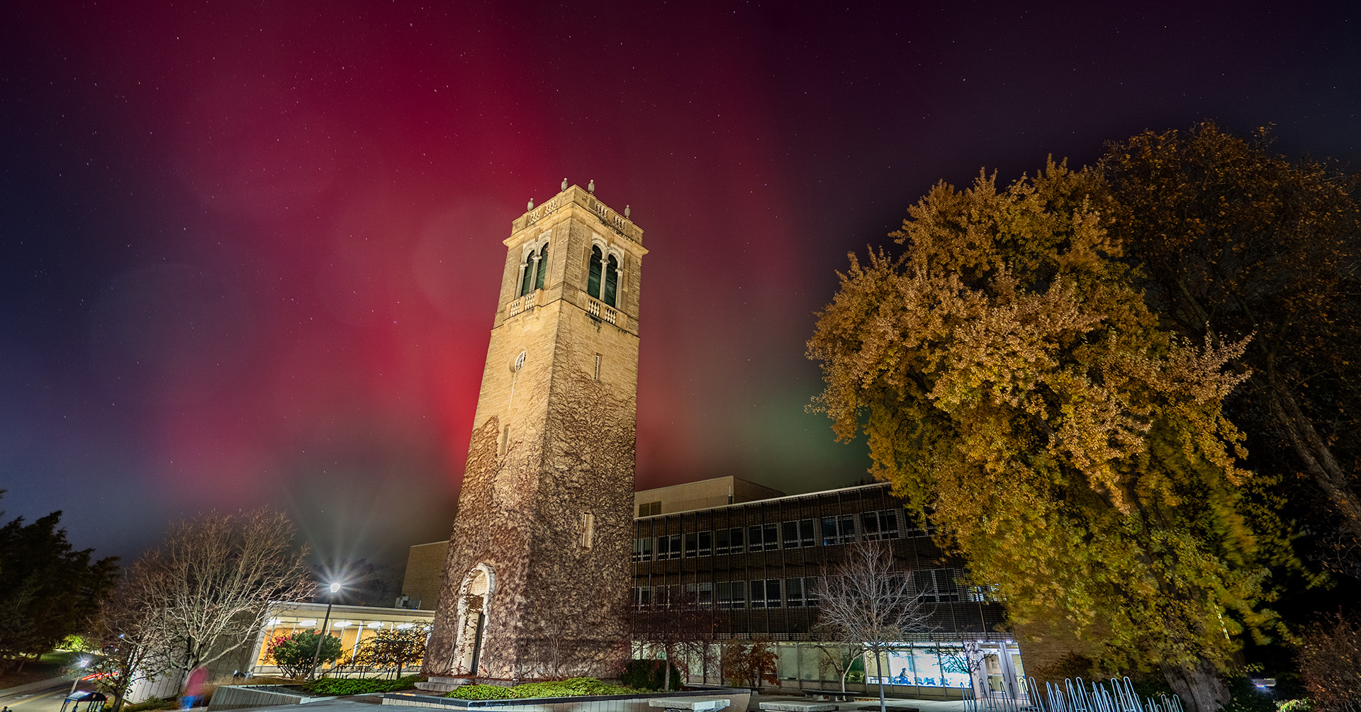 The northern lights (Aurora borealis) glows behind the Carillon Tower at the University of Wisconsin–Madison on Nov. 11, 2025. (Photo by Xiaomeng Shen / UW–Madison)